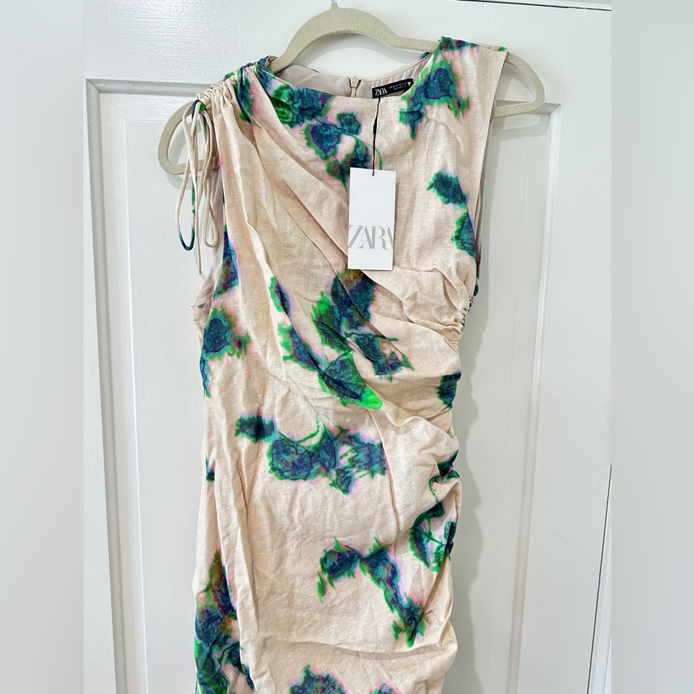 Zara printed linen blend dress nwt ruched drawstring